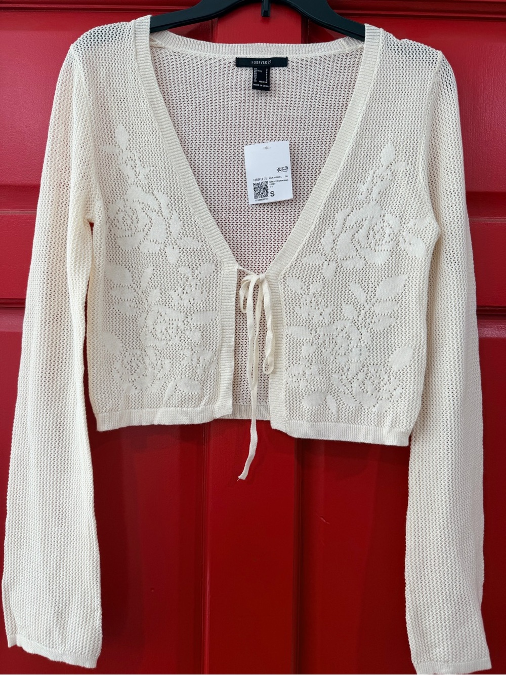 Forever 21 Cream Floral Tie-Front Open Knit Cardigan size Small